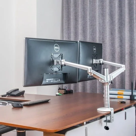 Gamvity Dual Monitor Desk Mount Stand &ndash; Adjustable Office LCD Support for 27"&ndash;32" Displays _ Silver